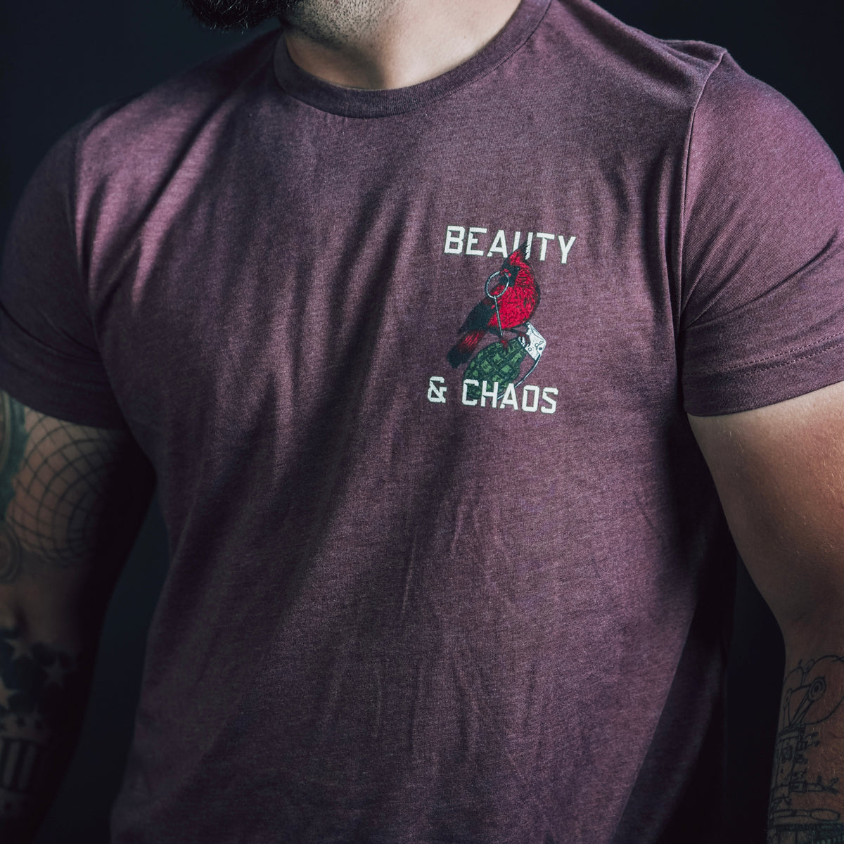 "Beauty and Chaos 2.0" - Maroon Tee Shirts military apparel sticker patch aviation funny custom usmc navy best military aviation apparel patches and motto gym workout garage flags t-shirt mens