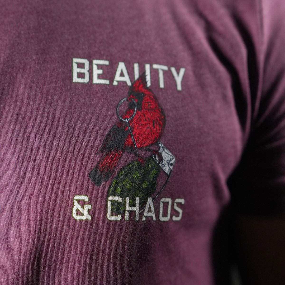 "Beauty and Chaos 2.0" - Maroon Tee Shirts military apparel sticker patch aviation funny custom usmc navy best military aviation apparel patches and motto gym workout garage flags t-shirt mens