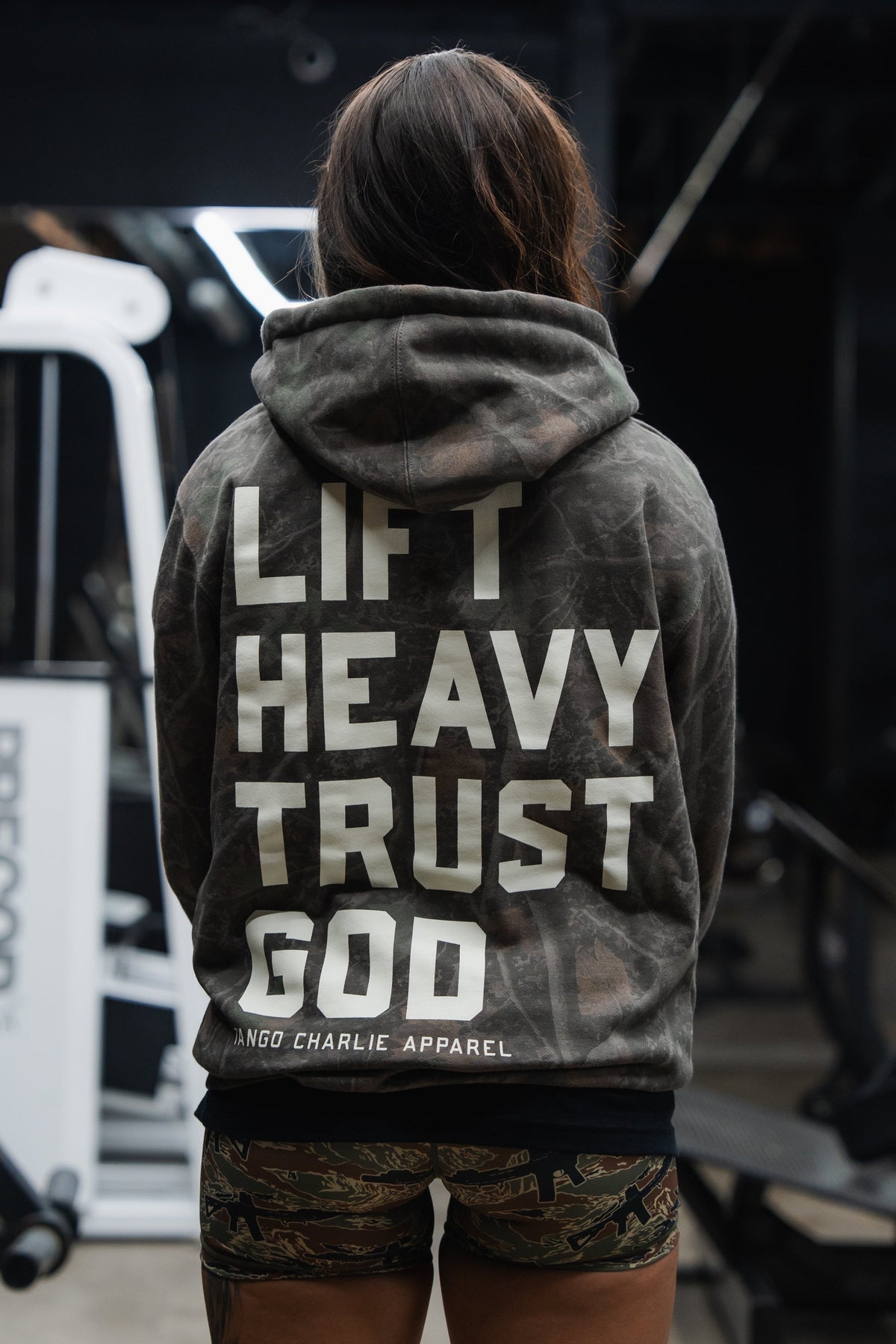 Lift Heavy. Trust God. - Premium Darkwood Camo Hoodie Hoodies military apparel sticker patch aviation funny custom usmc navy best military aviation apparel patches and motto gym workout garage flags t-shirt mens