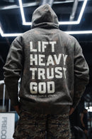 Lift Heavy. Trust God. - Premium Darkwood Camo Hoodie Hoodies military apparel sticker patch aviation funny custom usmc navy best military aviation apparel patches and motto gym workout garage flags t-shirt mens