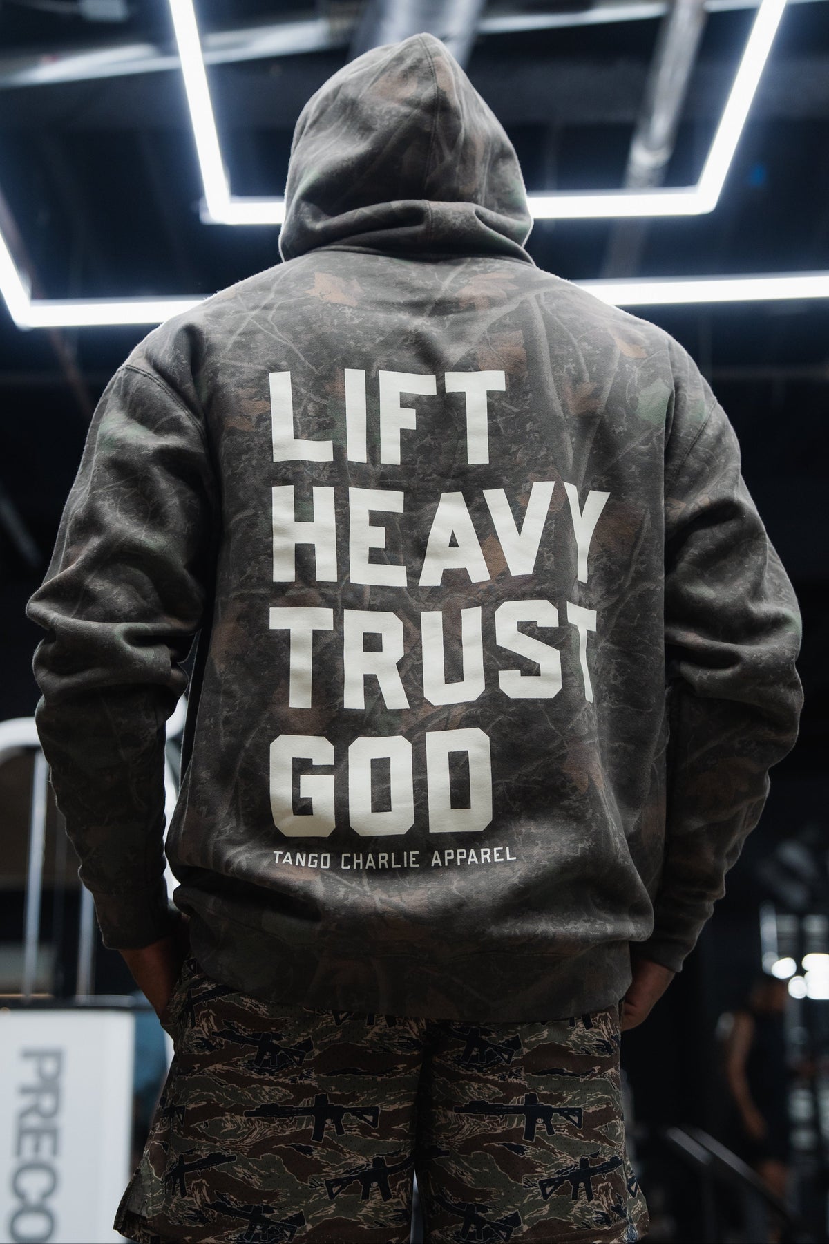 Lift Heavy. Trust God. - Premium Darkwood Camo Hoodie Hoodies military apparel sticker patch aviation funny custom usmc navy best military aviation apparel patches and motto gym workout garage flags t-shirt mens