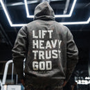 Lift Heavy. Trust God. - Premium Darkwood Camo Hoodie Hoodies military apparel sticker patch aviation funny custom usmc navy best military aviation apparel patches and motto gym workout garage flags t-shirt mens