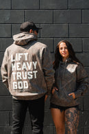 Lift Heavy. Trust God. - Premium Darkwood Camo Hoodie Hoodies military apparel sticker patch aviation funny custom usmc navy best military aviation apparel patches and motto gym workout garage flags t-shirt mens