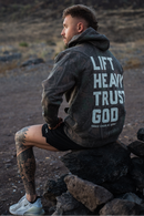 Lift Heavy. Trust God. - Premium Darkwood Camo Hoodie